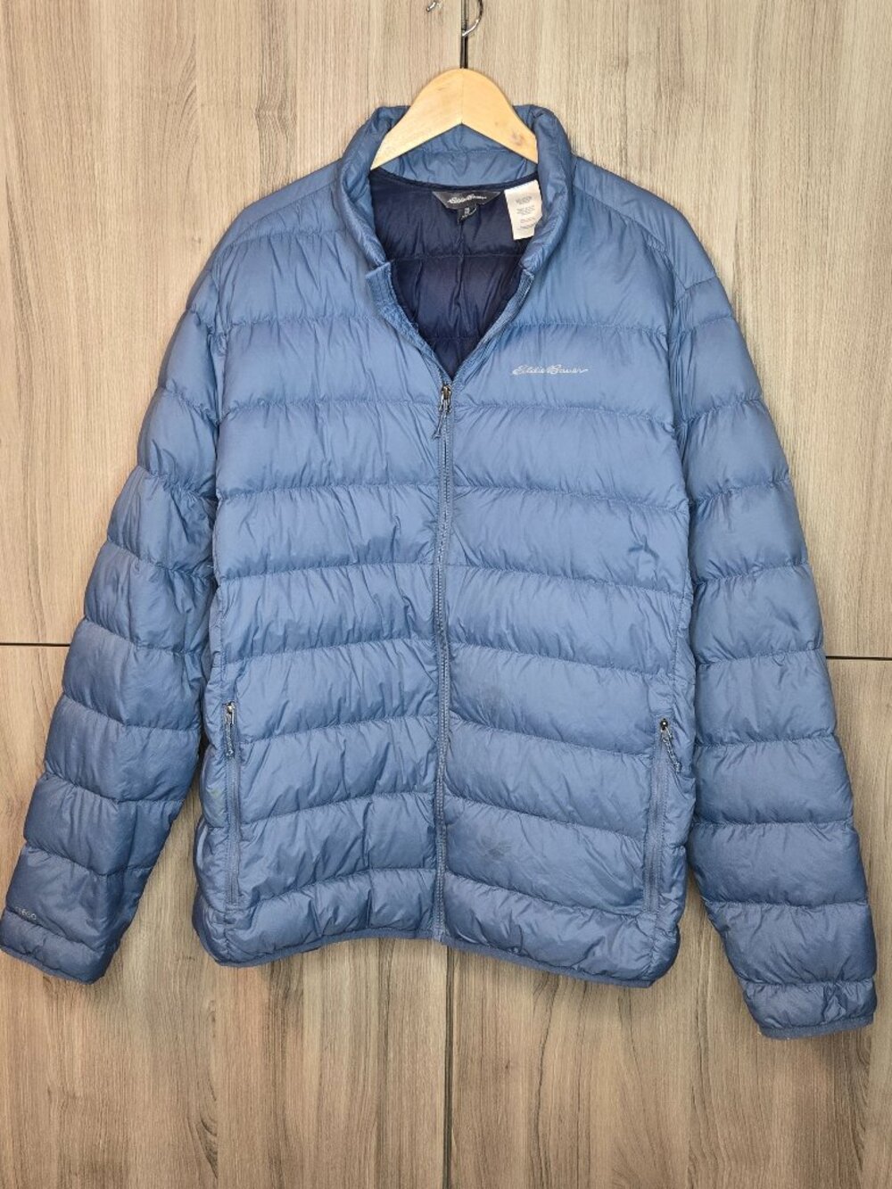 Eddie Bauer Down Puffer Jacket Mens Light Blue Packable Full Zip Warm FLAW XXL